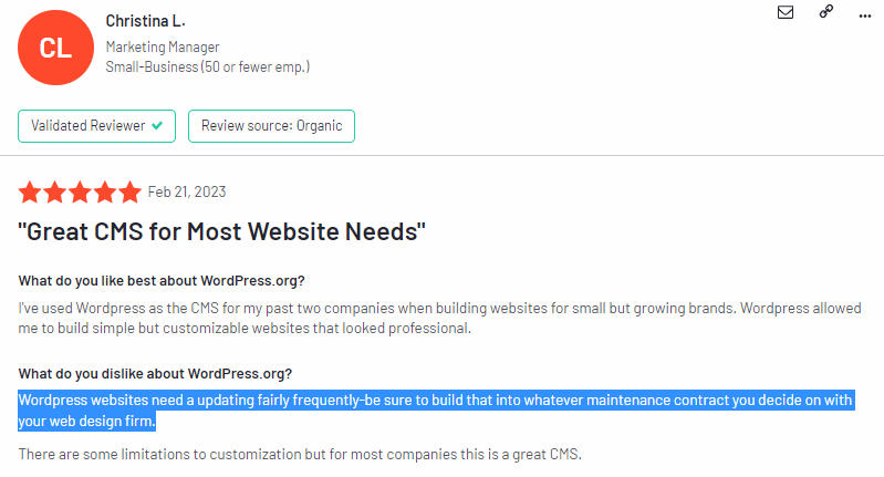 WordPress too much maintenance negative customer review G2