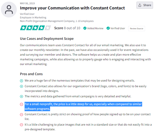 Constant Contact limited pricing disadvantage TrustRadius review