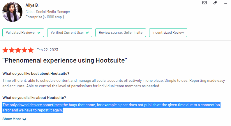 Hootsuite bugs negative customer review G2