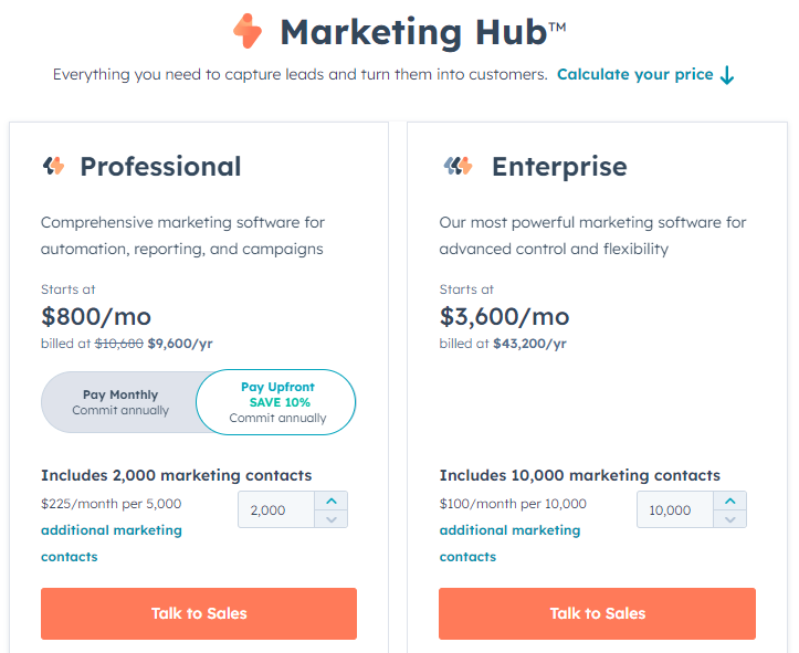 HubSpot marketing hub updated pricing screenshot