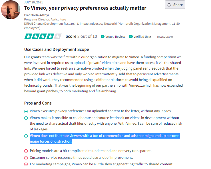 Vimeo no ads disadvantage review on Trust Radius