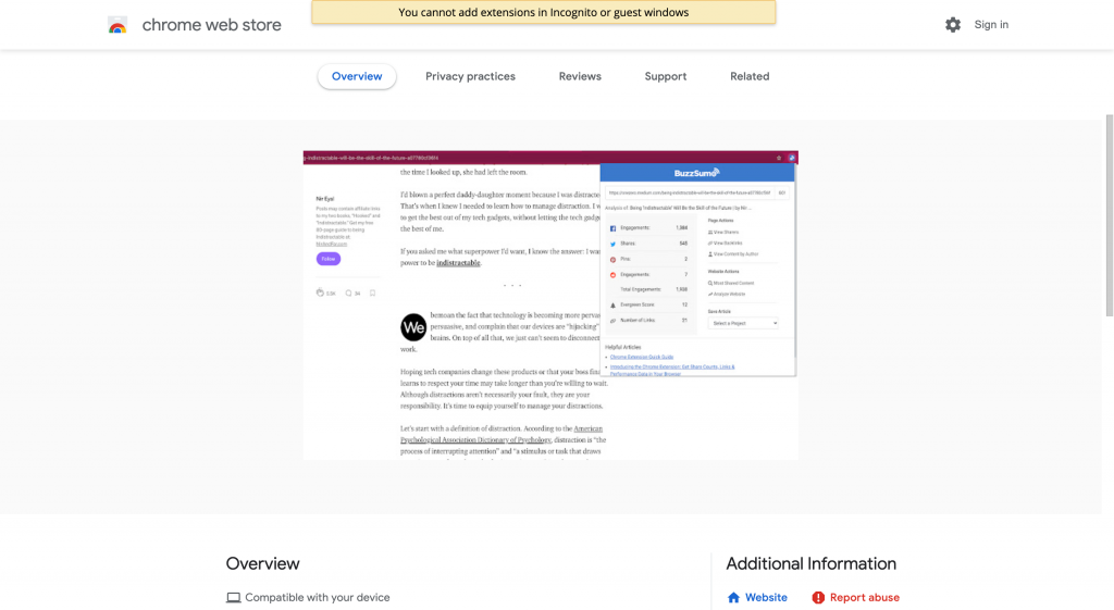 Buzzsumo Chrome extension homepage screenshot