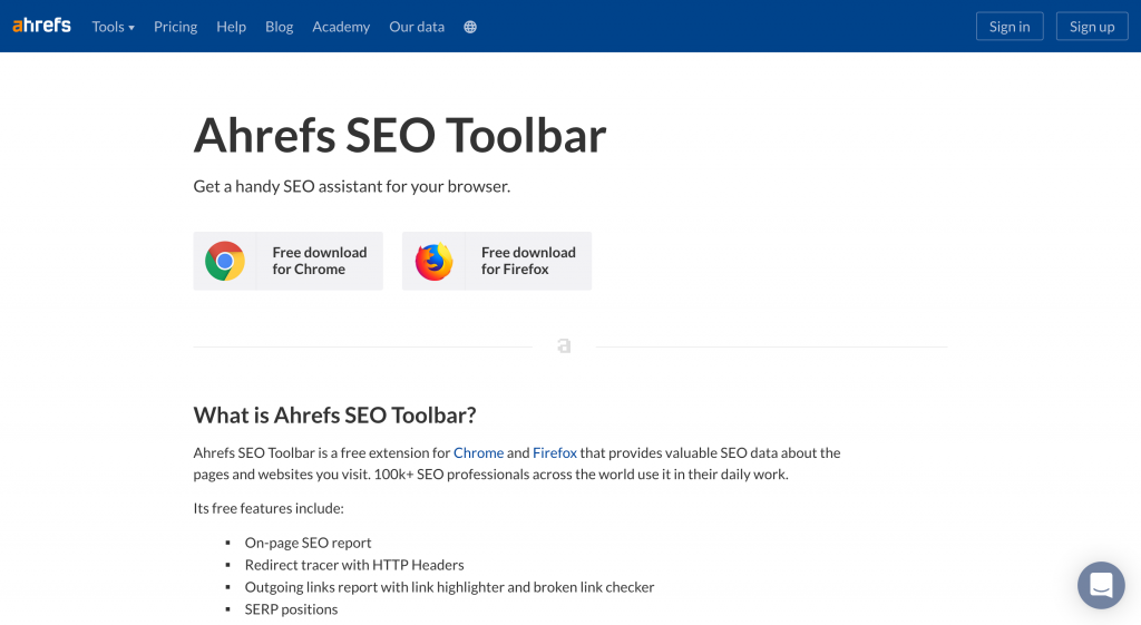 Ahrefs SEO toolbar homepage screenshot