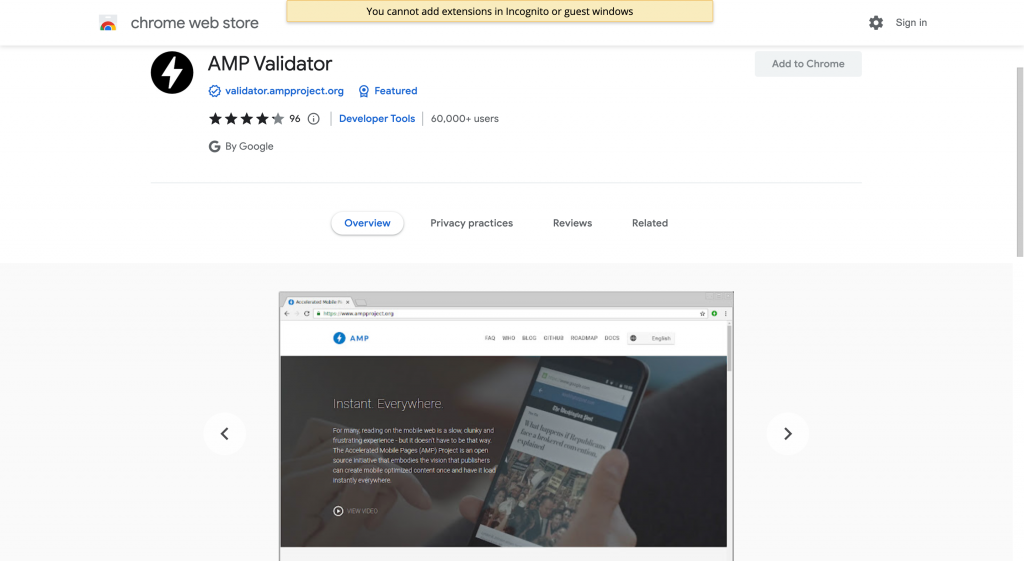 AMP Validator Chrome extension homepage screenshot