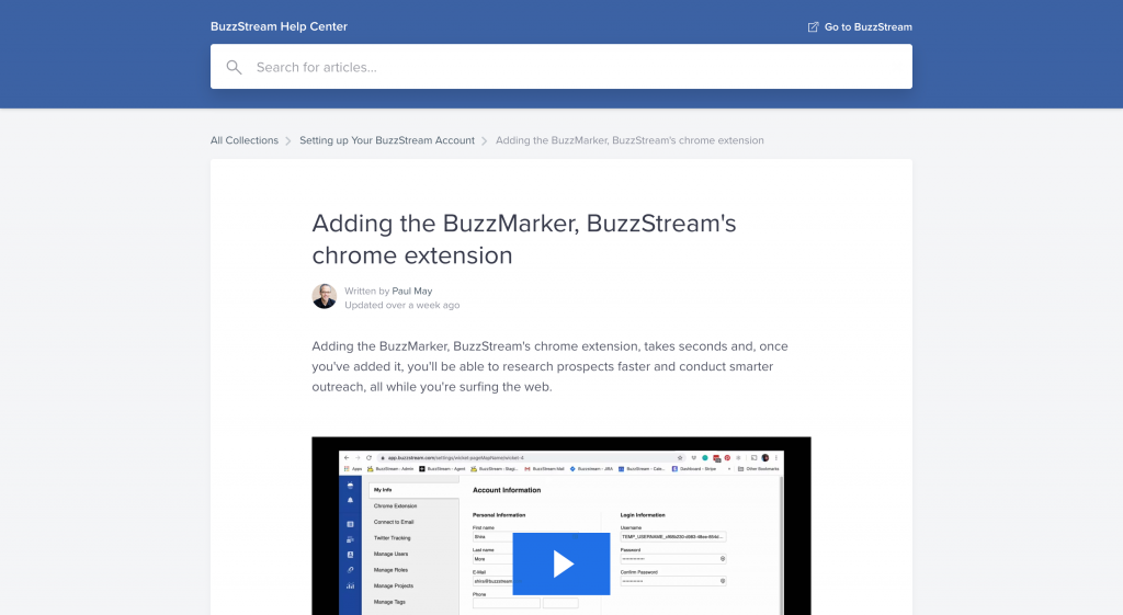 Buzzstream Chrome extension homepage screenshot