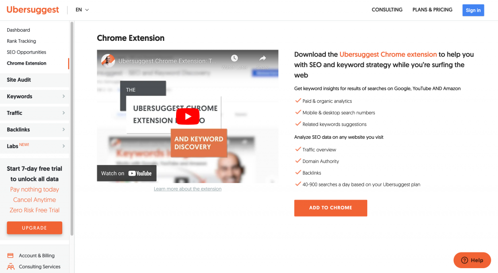 Ubersuggest Chrome extension homepage screenshot