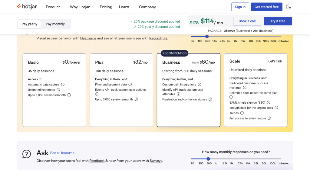 Hotjar pricing screenshot