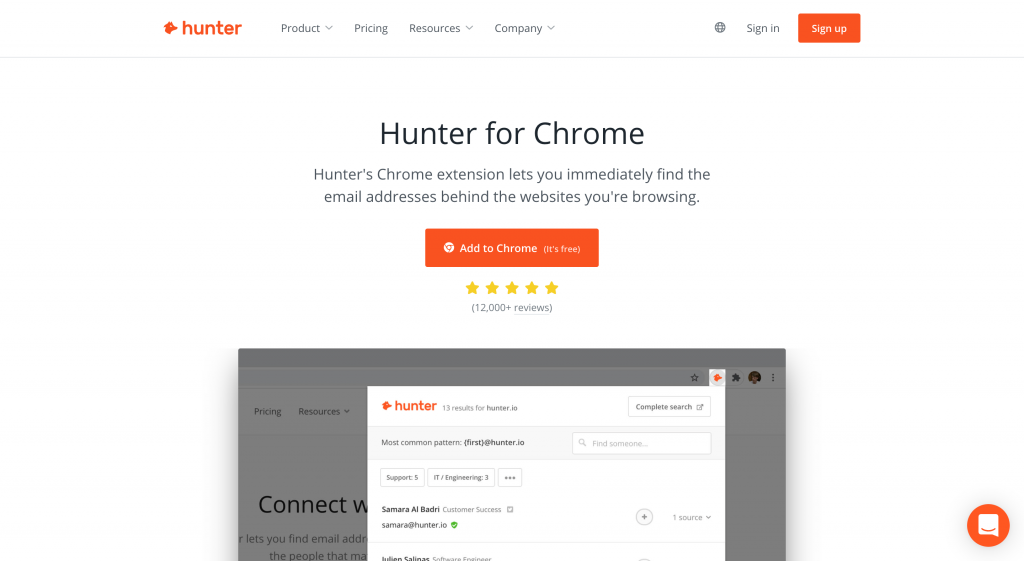 Hunter Chrome extension homepage screenshot
