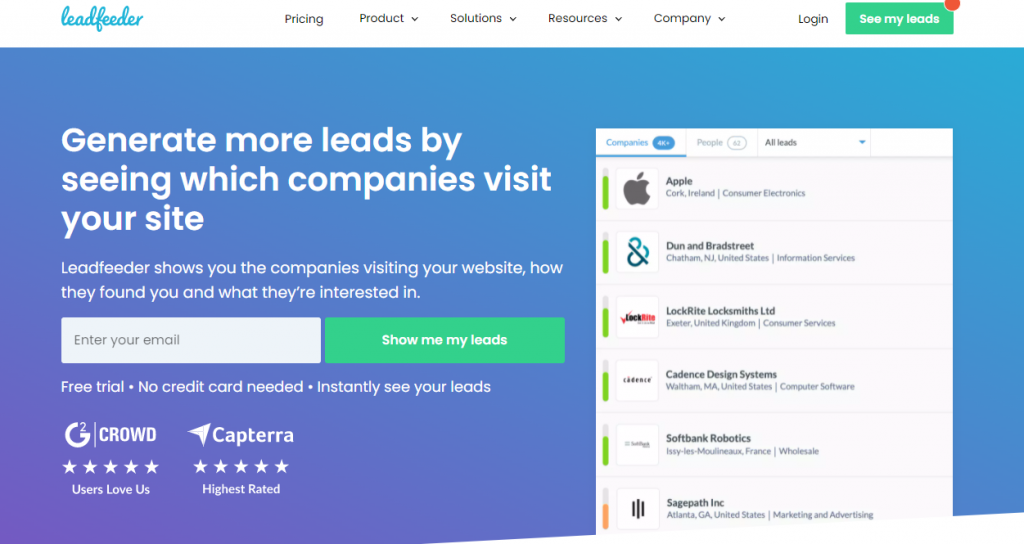 Leadfeeder homepage screenshot