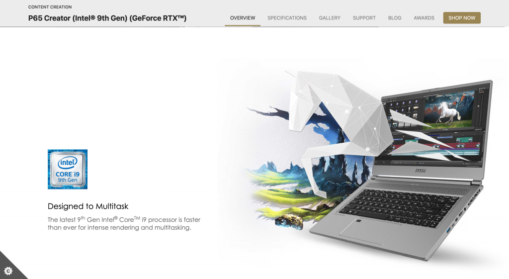 MSI P65 Creator in white background with a fragmented unicorn jumping from its screen