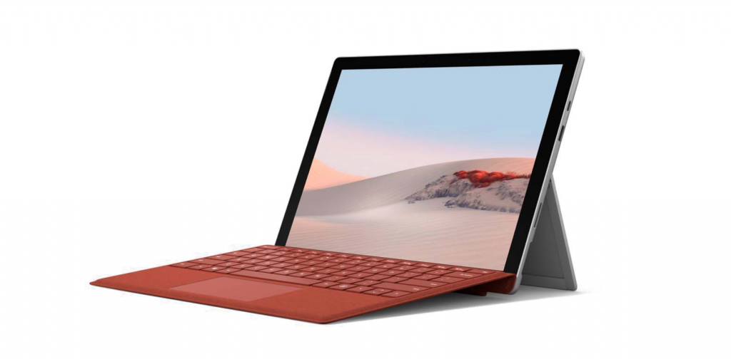 Microsoft Surface pro 7 in white background with a desert landscape displaying on its screen