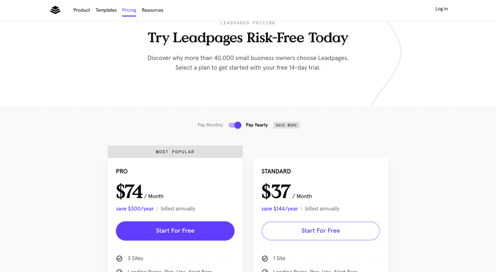Leadpages pricing screenshot