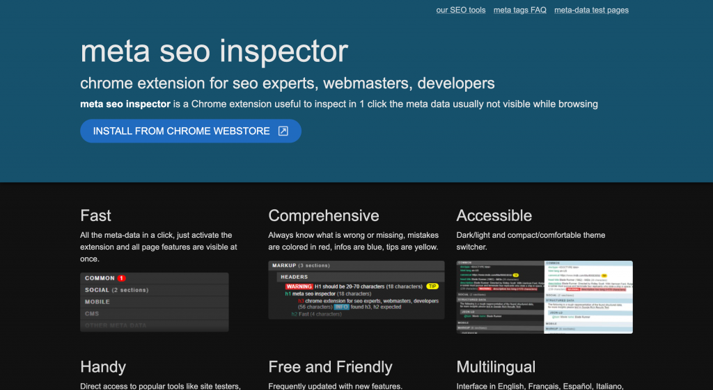Meta SEO inspector extension homepage screenshot