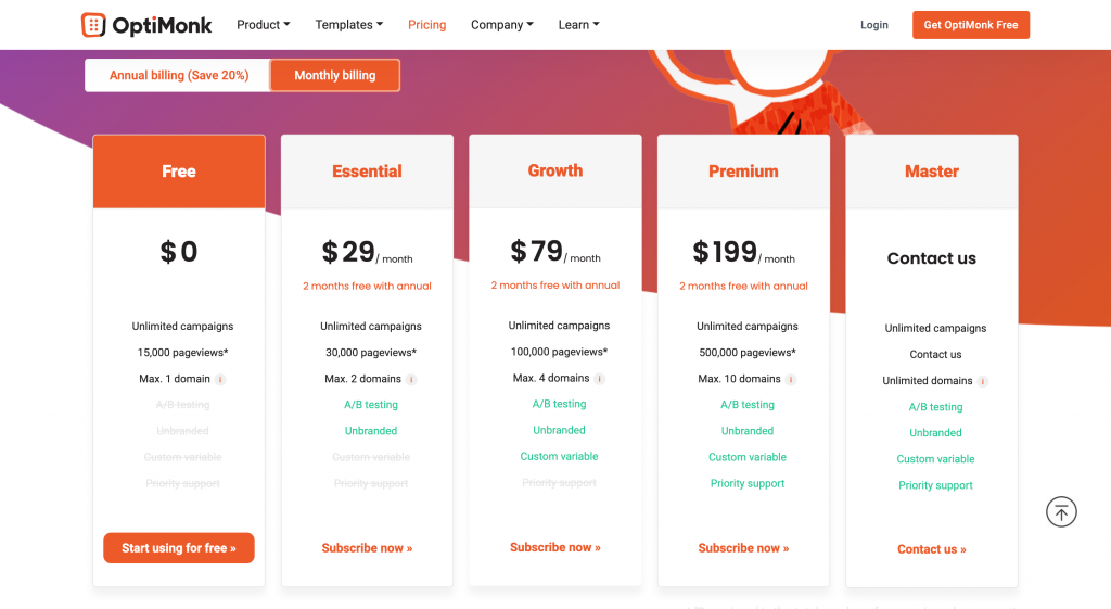OptiMonk pricing screenshot