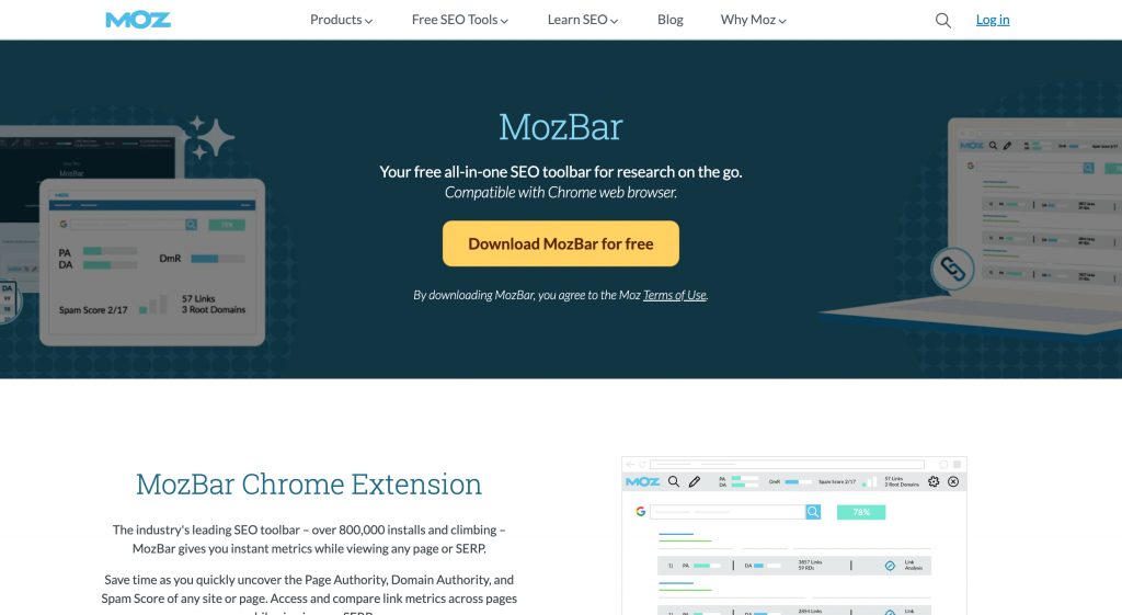 MozBar SEO Chrome Extension homepage screenshot