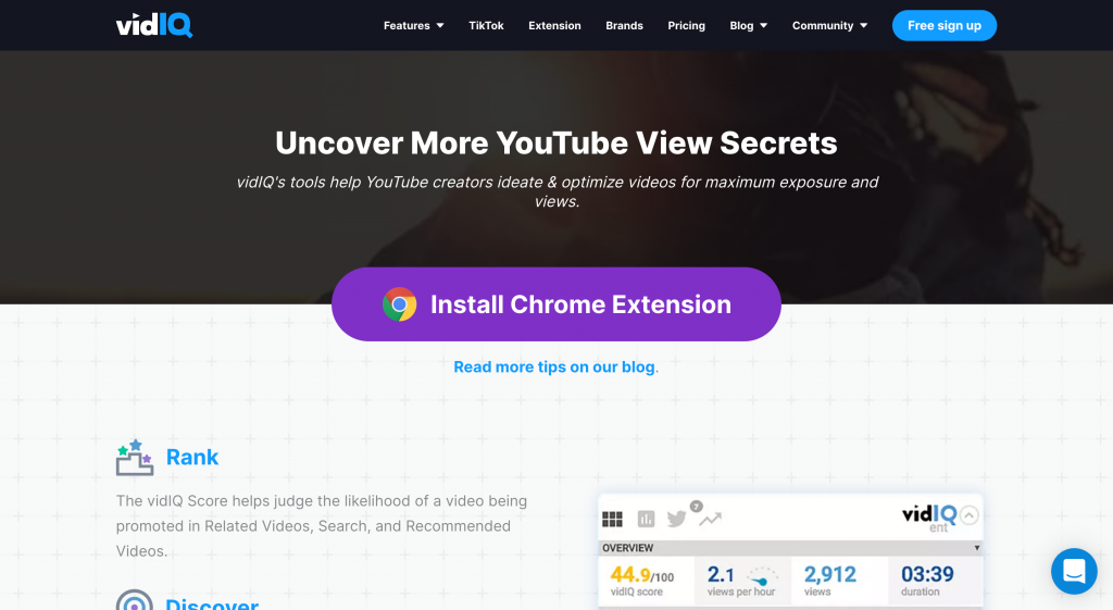 vidIQ SEO Chrome extension homepage screenshot