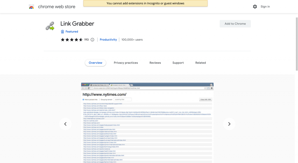 Link Grabber SEO Chrome extension homepage screenshot